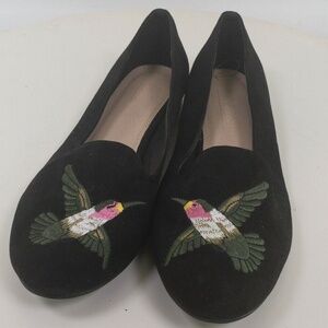 ASOS Embroidered Flat Shoes Women 9 Black Hummingbird Bird 1944